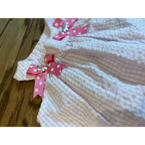 Rare Editions 2T Pink Seersucker Dress Polka Dot Bows Floral Ruffle Hem Boutique - Picture 2 of 5